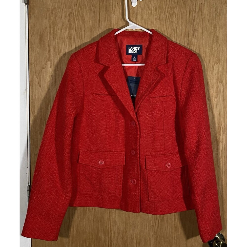 Lands’ End Women's Lg Red Cotton Blazer Jacket Tailored Pockets Career Old Money